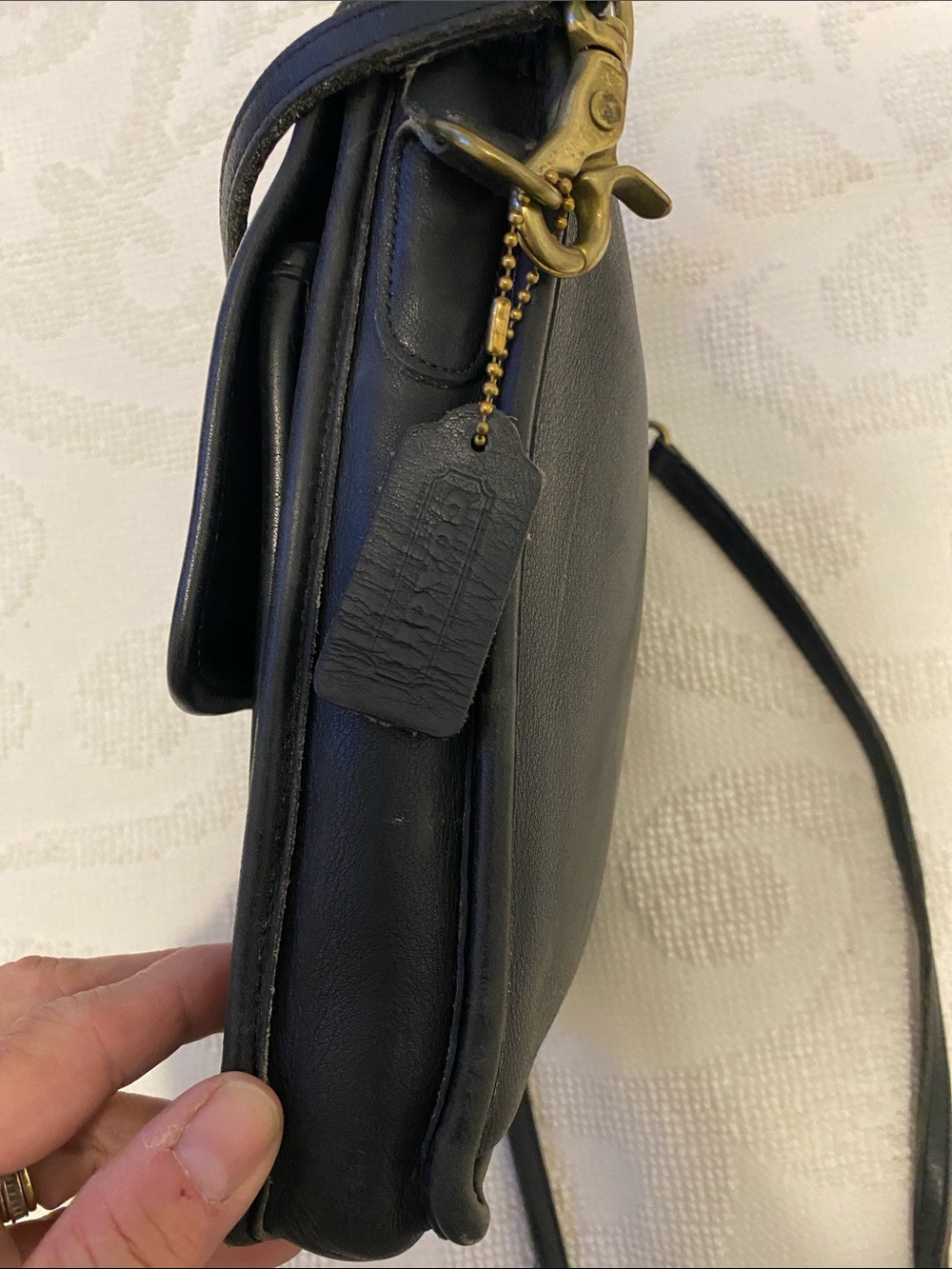 Coach Black Leather Messenger Bag with Gold-Tone Turn Lock, has some wear. - Picture 4 of 14